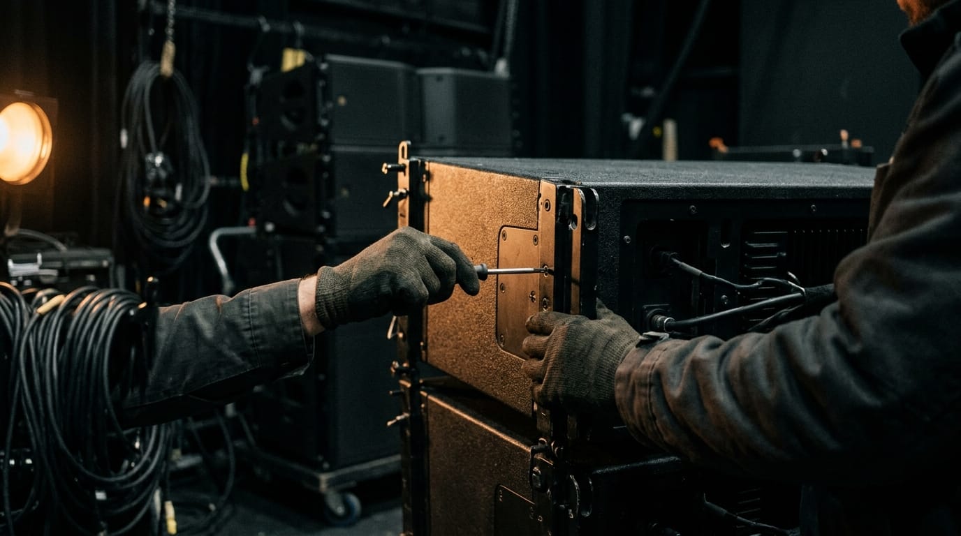 An expert technician carefully maintains a professional line array speaker cabinet in a dim backstage setting.
