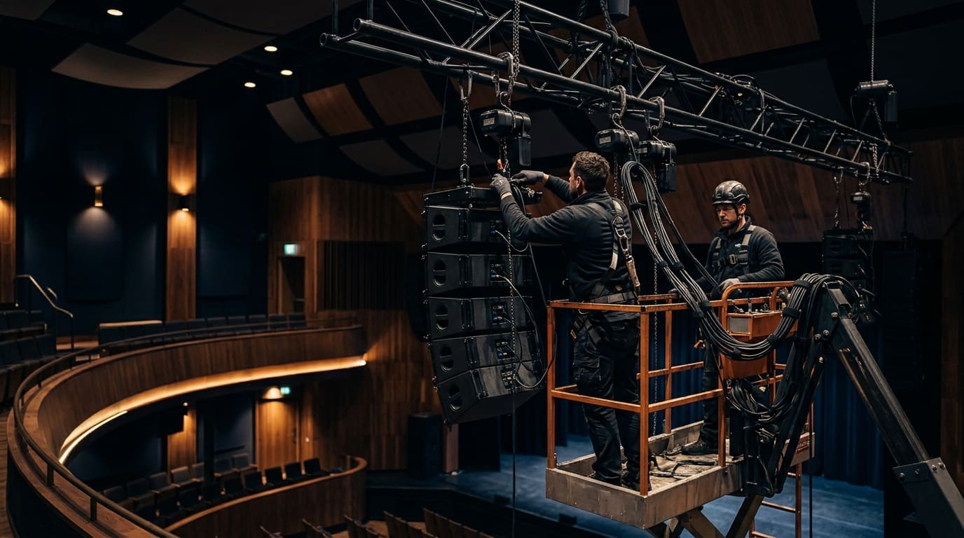 During the professional sound system projecting in a wood-paneled auditorium, a line array speaker system is being installed and aligned on a truss.