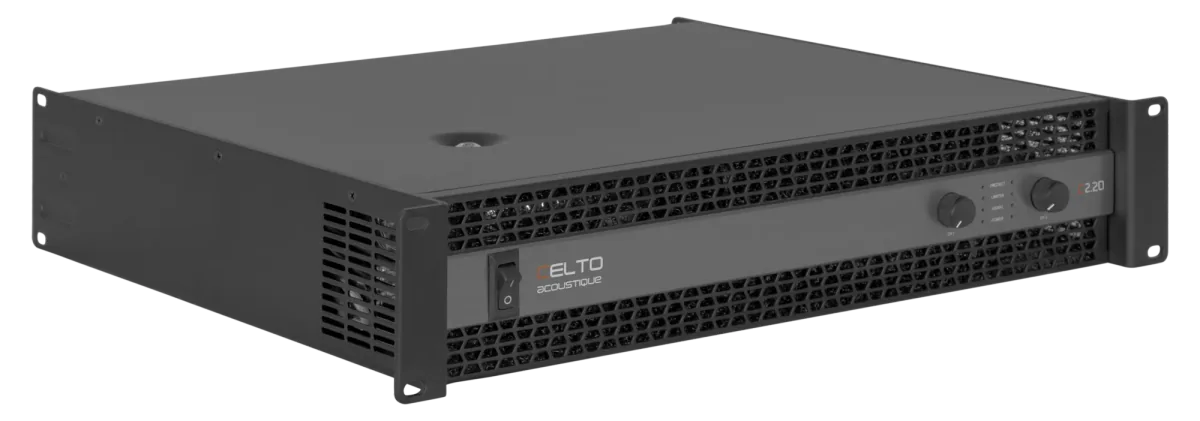 Front view of the Celto Acoustique C2.20 CORE Series 2-channel 2x1200W Class TD power amplifier.