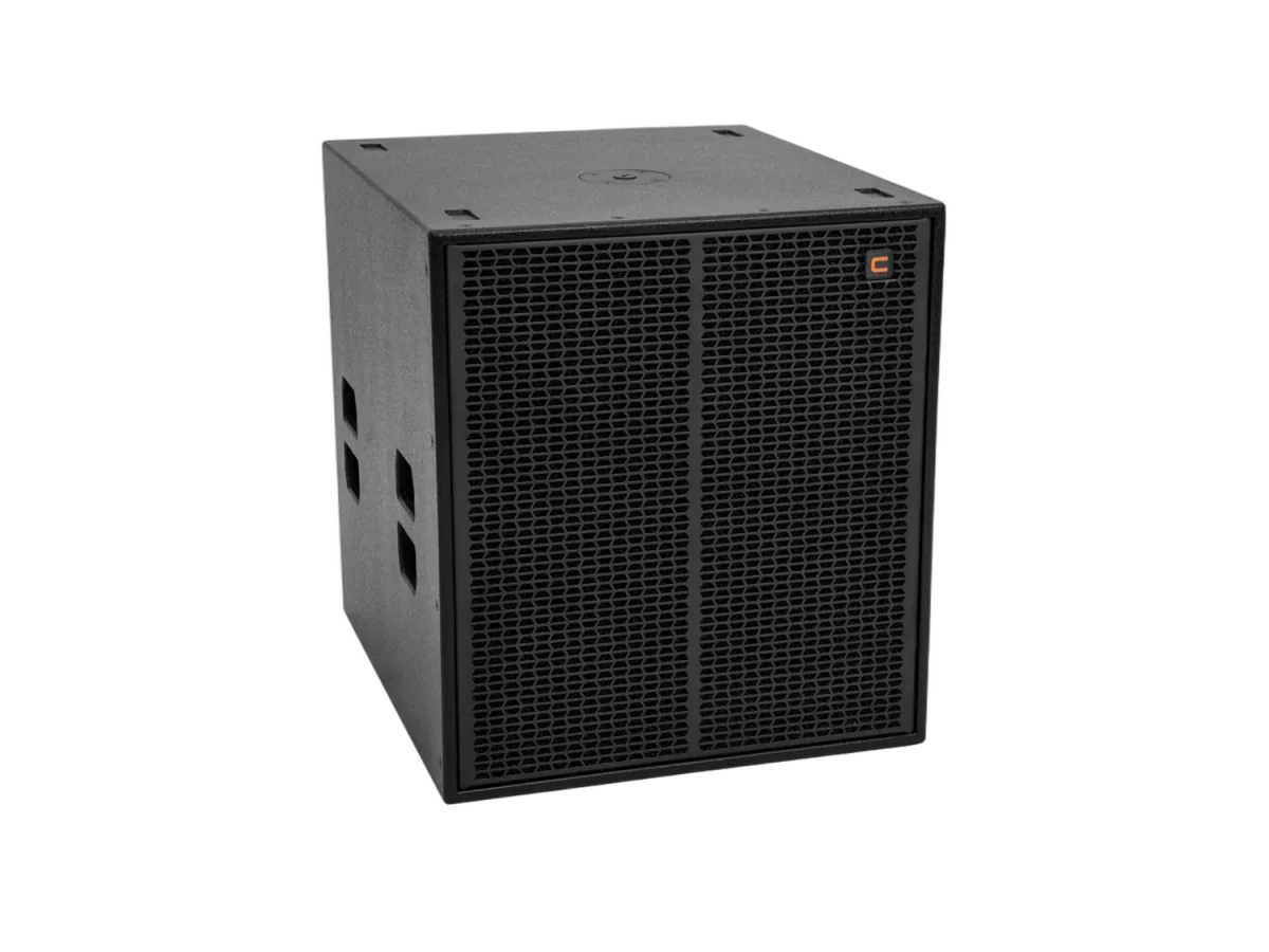 Front view of the Celto Pro CSW118V professional black subwoofer speaker.