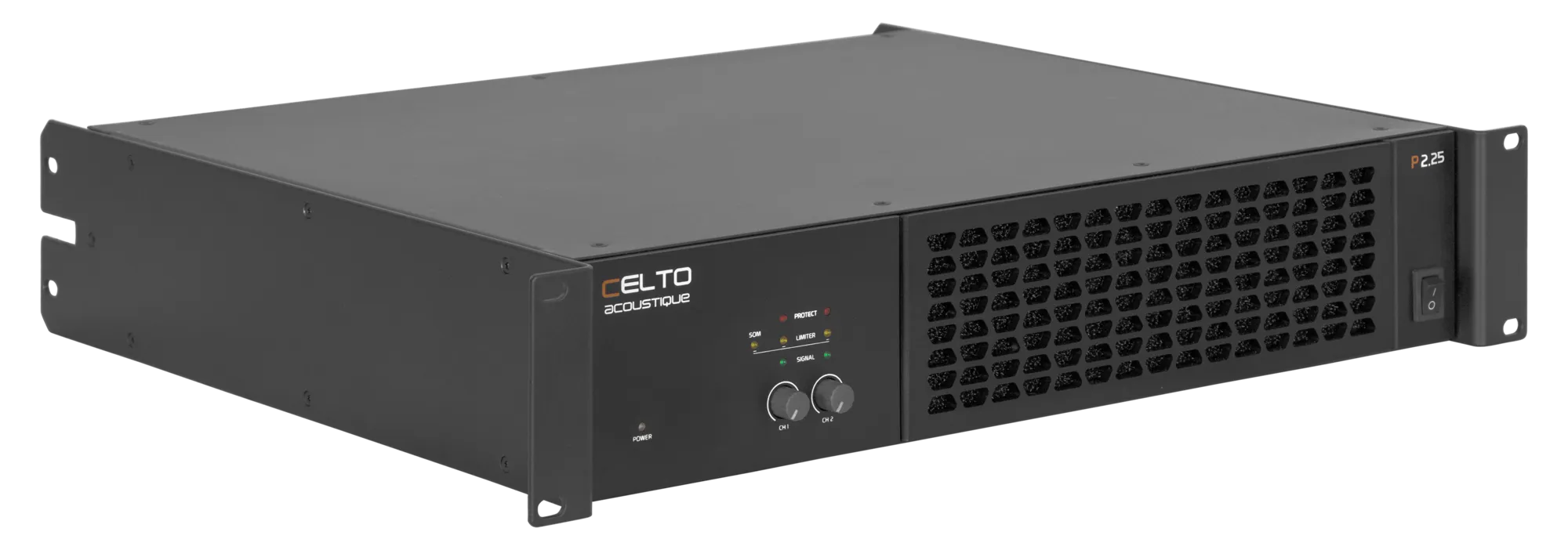 Front view of the Celto Acoustique P2.25 Performance Series 2-channel 2x1300W Class D power amplifier.