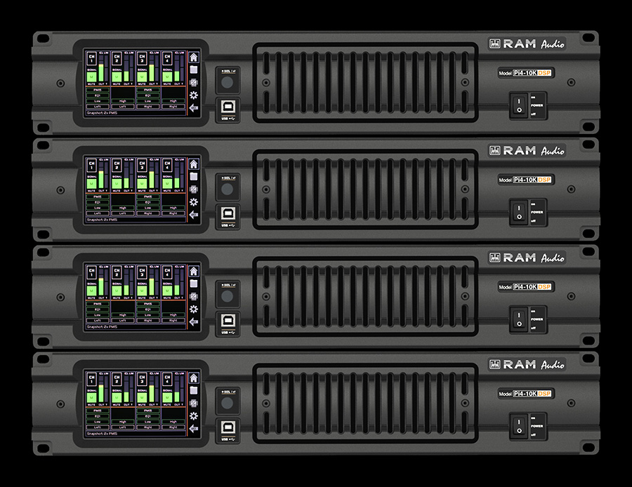 RAM Audio Pi2-3K profesyonel güç amplifikatörünün ön panelini ve kontrol düğmelerini gösteren ürün fotoğrafı.