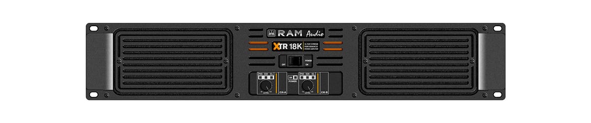 RAM Audio XTR-12K, XTR Serisi 2 kanallı profesyonel subwoofer güç amplifikatörünün ön yüz fotoğrafı.